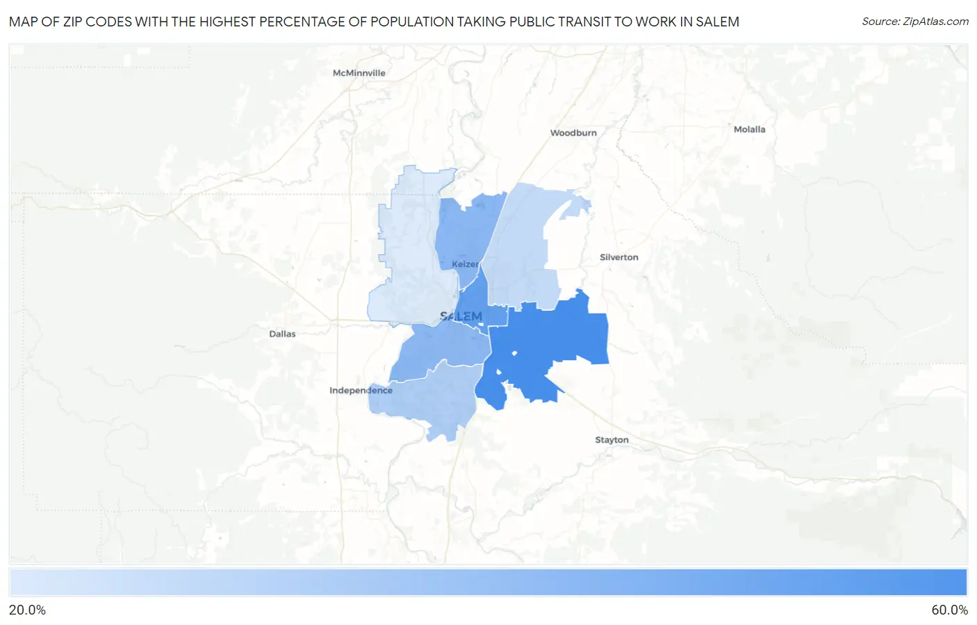 Zip Codes with the Highest Percentage of Population Taking Public Transit to Work in Salem Map