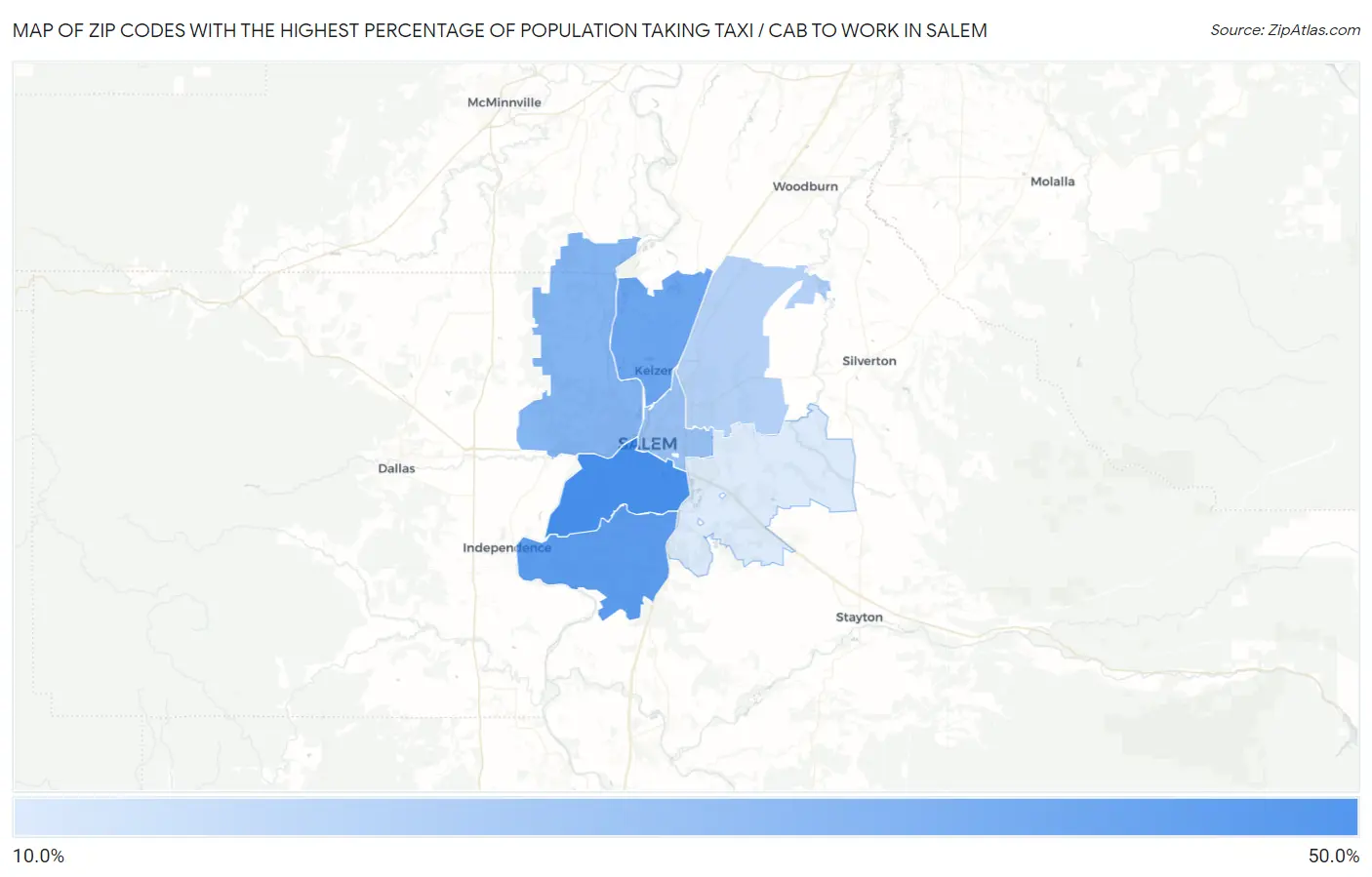 Zip Codes with the Highest Percentage of Population Taking Taxi / Cab to Work in Salem Map