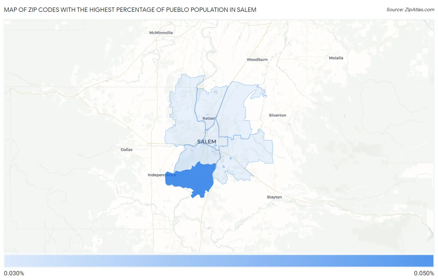 Zip Codes with the Highest Percentage of Pueblo Population in Salem Map