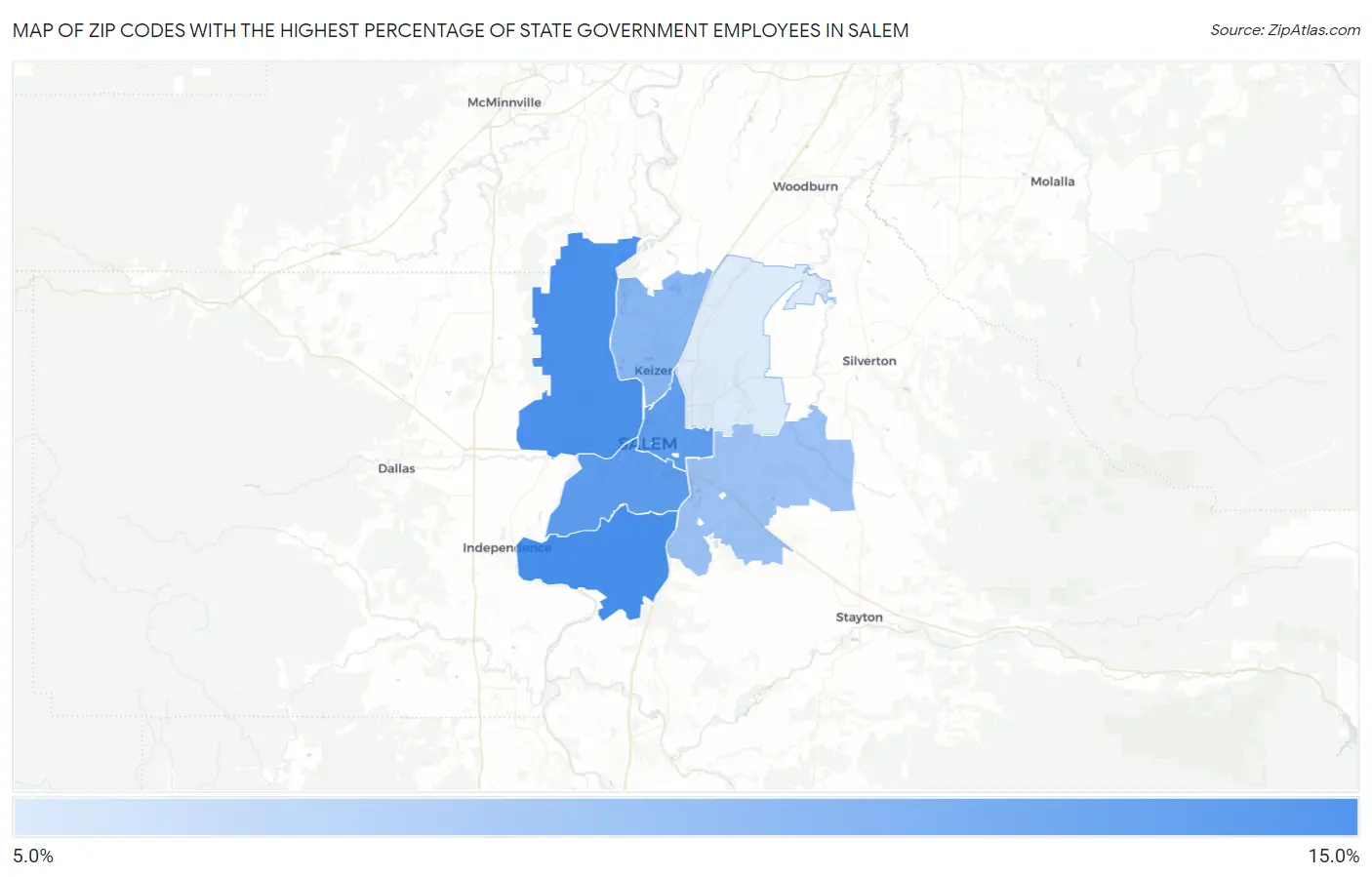 Zip Codes with the Highest Percentage of State Government Employees in Salem Map