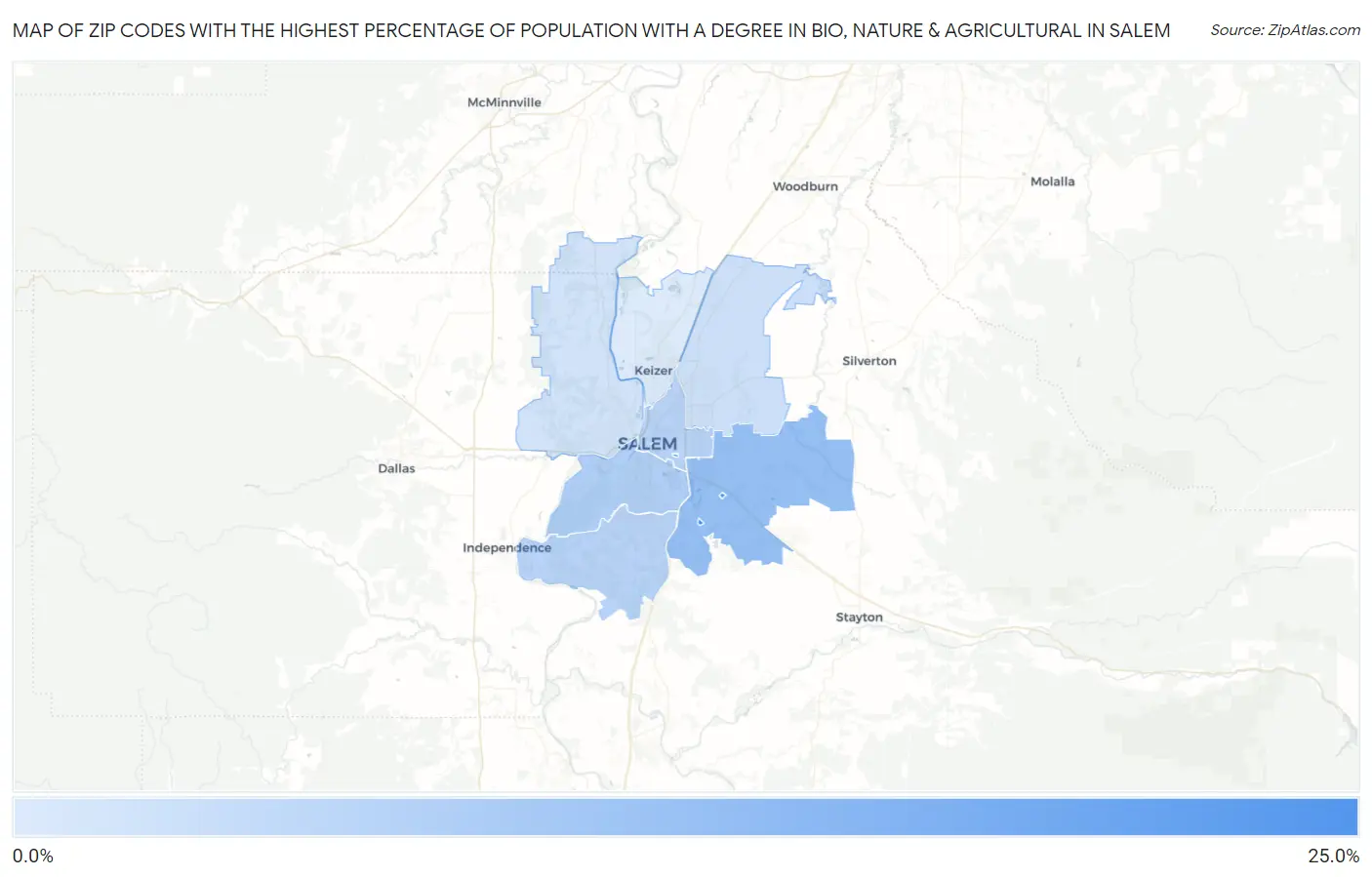 Zip Codes with the Highest Percentage of Population with a Degree in Bio, Nature & Agricultural in Salem Map
