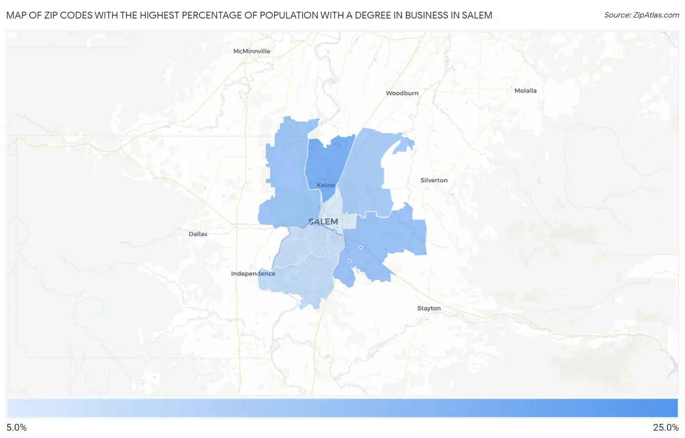 Zip Codes with the Highest Percentage of Population with a Degree in Business in Salem Map