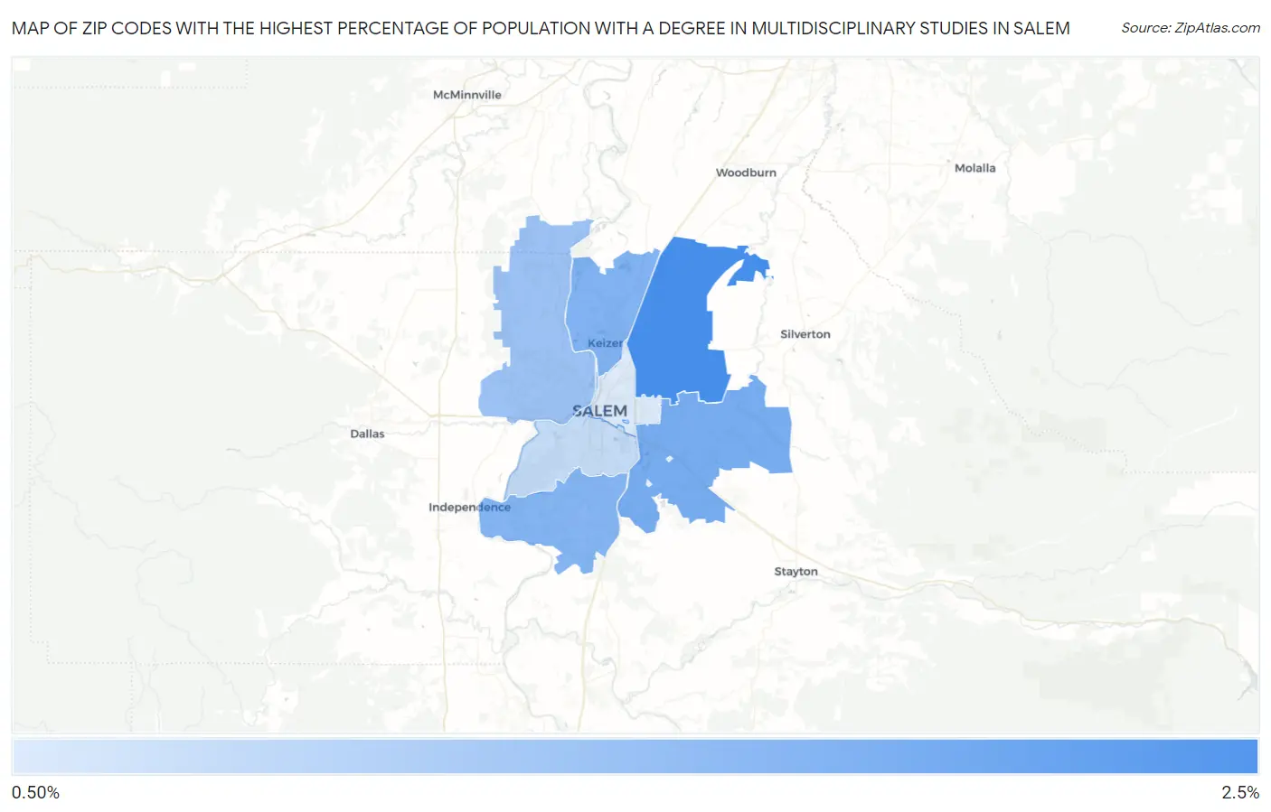 Zip Codes with the Highest Percentage of Population with a Degree in Multidisciplinary Studies in Salem Map