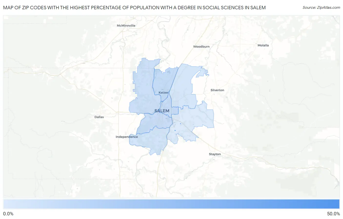 Zip Codes with the Highest Percentage of Population with a Degree in Social Sciences in Salem Map