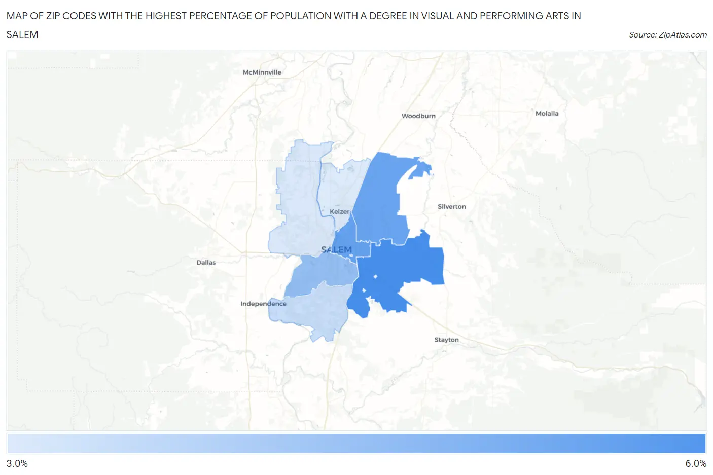 Zip Codes with the Highest Percentage of Population with a Degree in Visual and Performing Arts in Salem Map