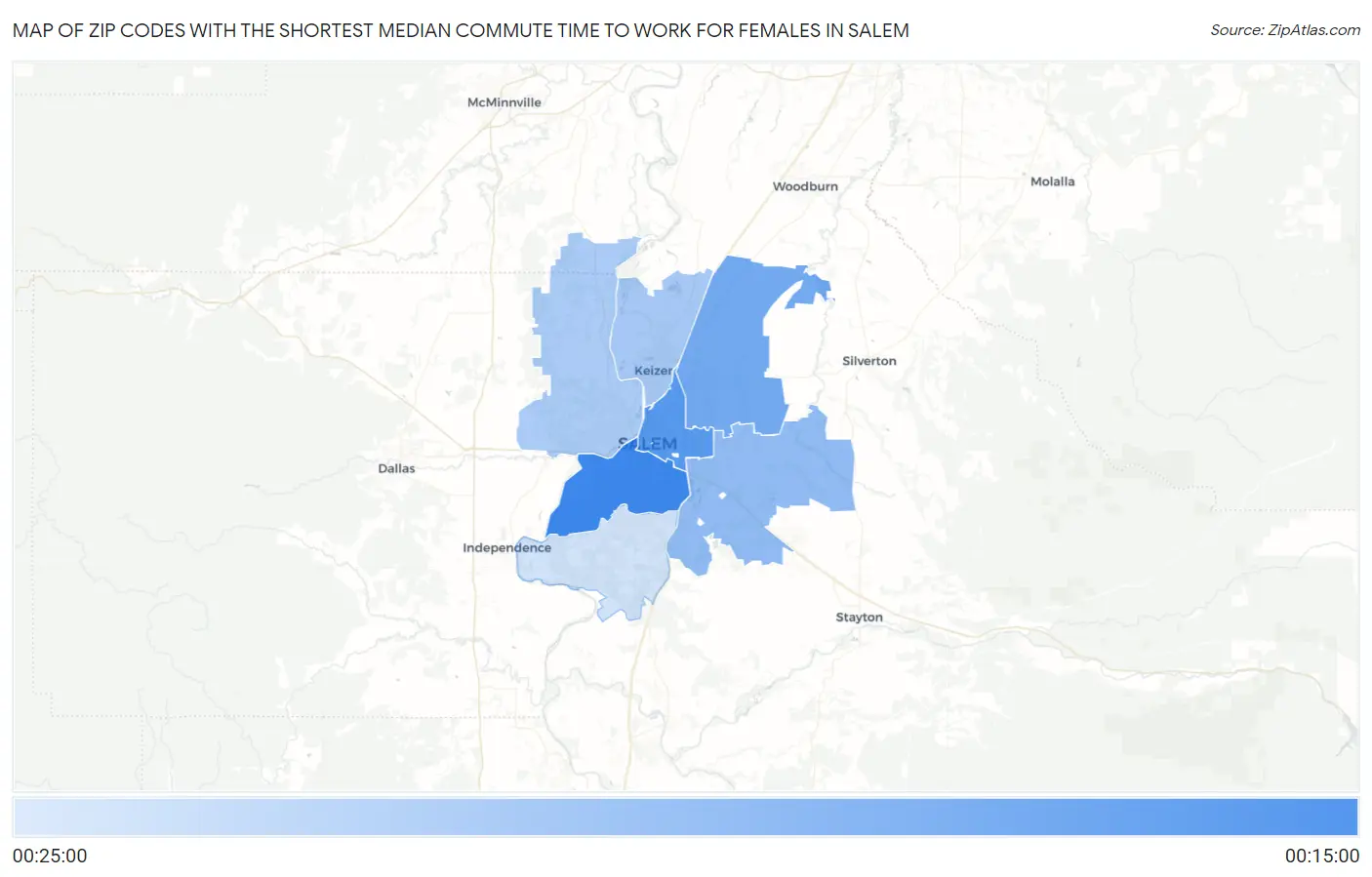 Zip Codes with the Shortest Median Commute Time to Work for Females in Salem Map