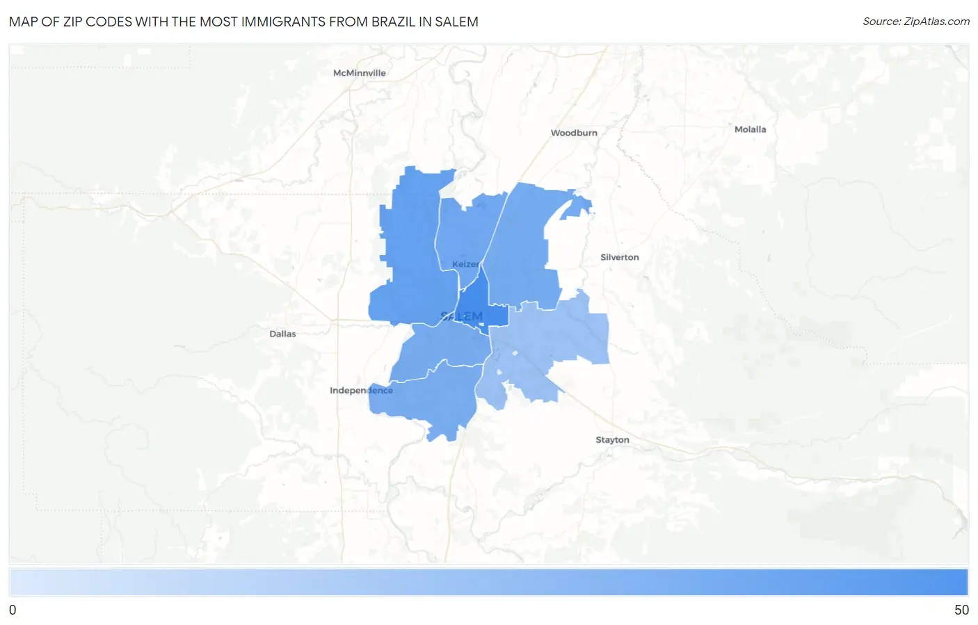Zip Codes with the Most Immigrants from Brazil in Salem Map