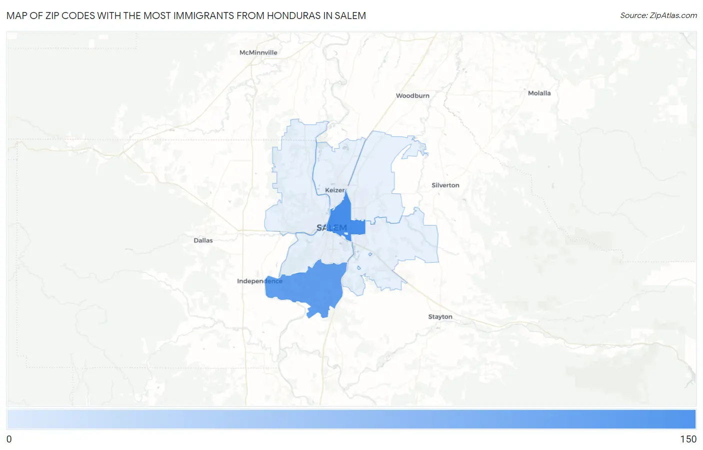 Zip Codes with the Most Immigrants from Honduras in Salem Map