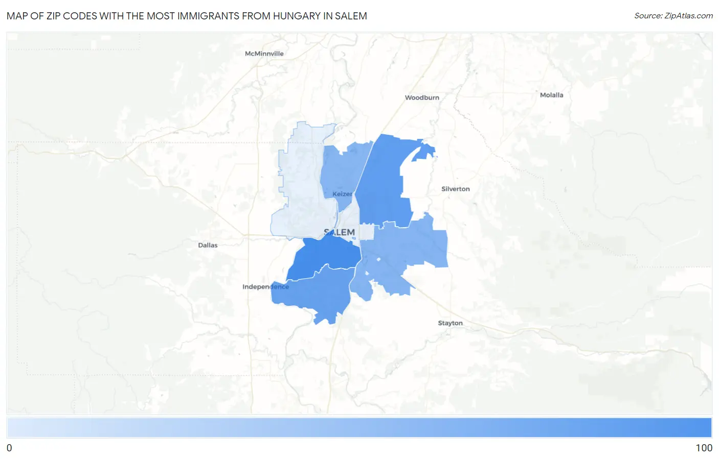 Zip Codes with the Most Immigrants from Hungary in Salem Map