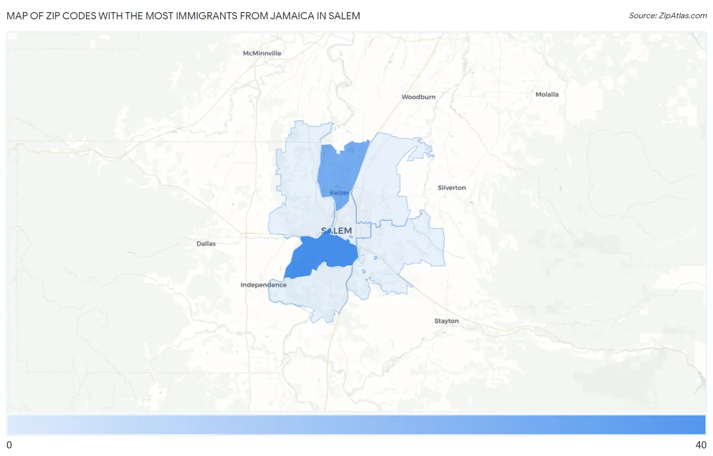Zip Codes with the Most Immigrants from Jamaica in Salem Map