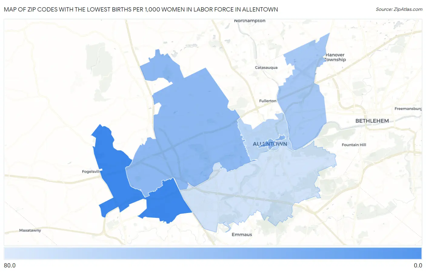 Zip Codes with the Lowest Births per 1,000 Women in Labor Force in Allentown Map