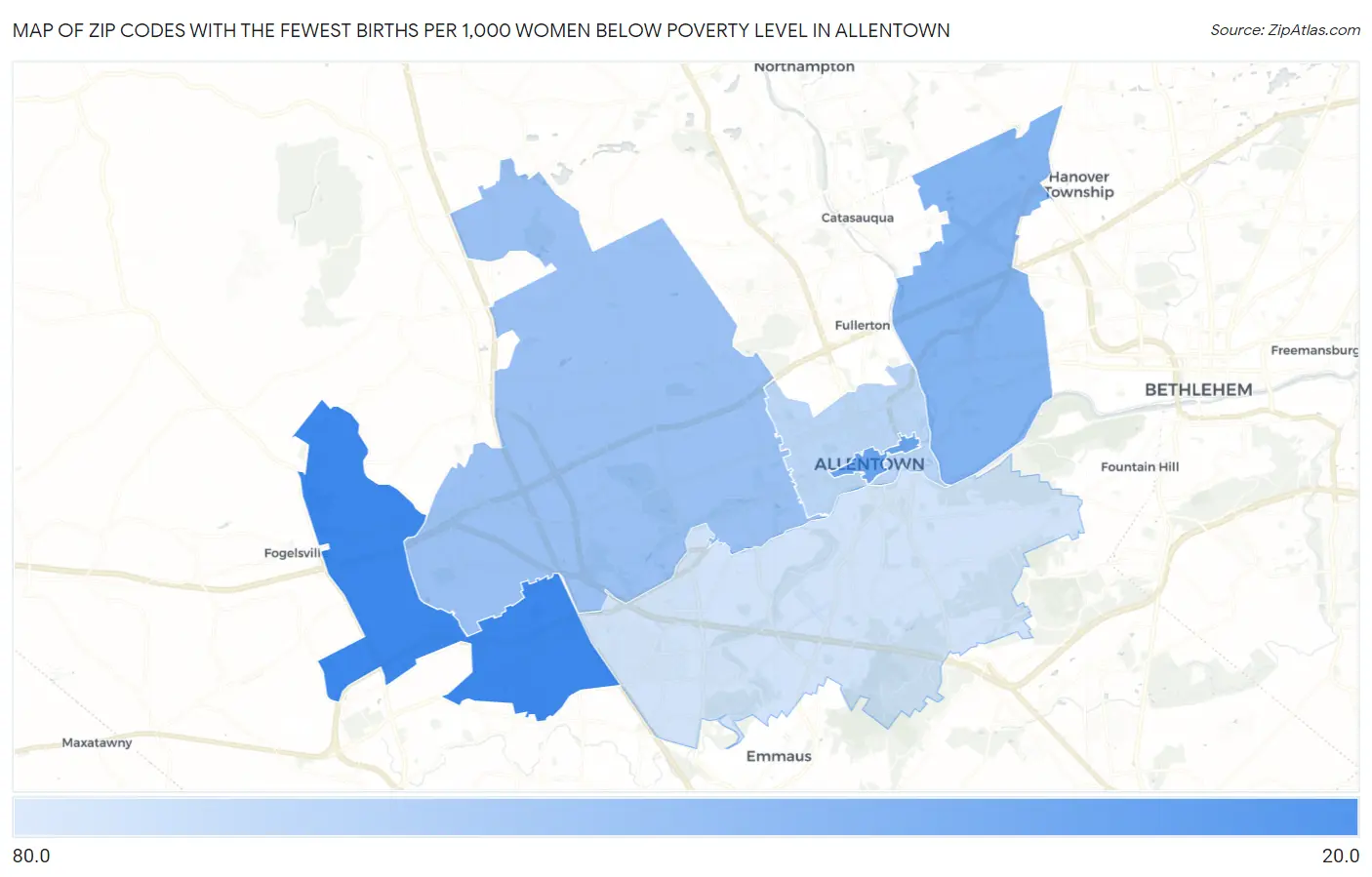 Zip Codes with the Fewest Births per 1,000 Women Below Poverty Level in Allentown Map
