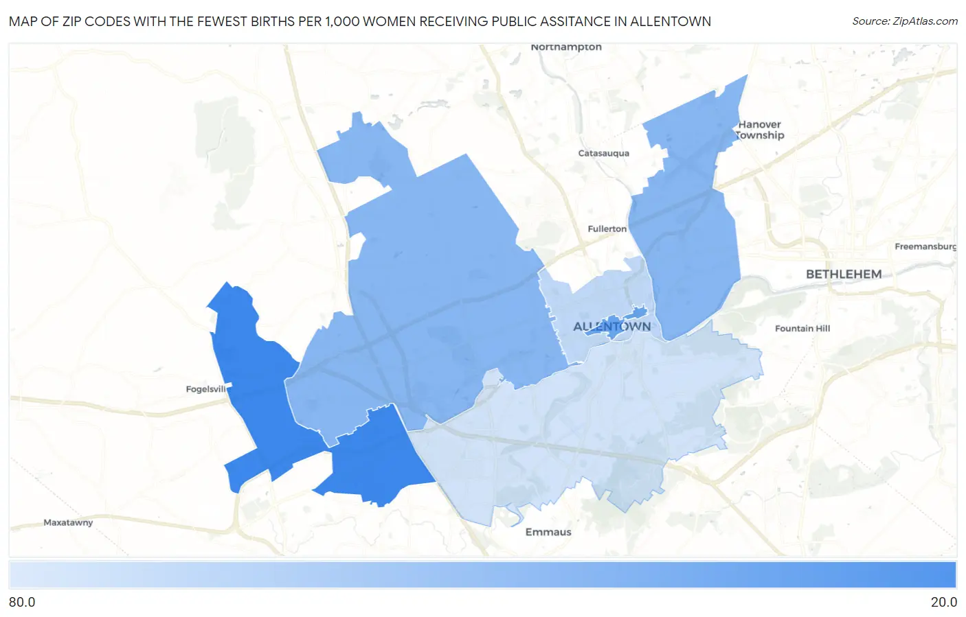 Zip Codes with the Fewest Births per 1,000 Women Receiving Public Assitance in Allentown Map