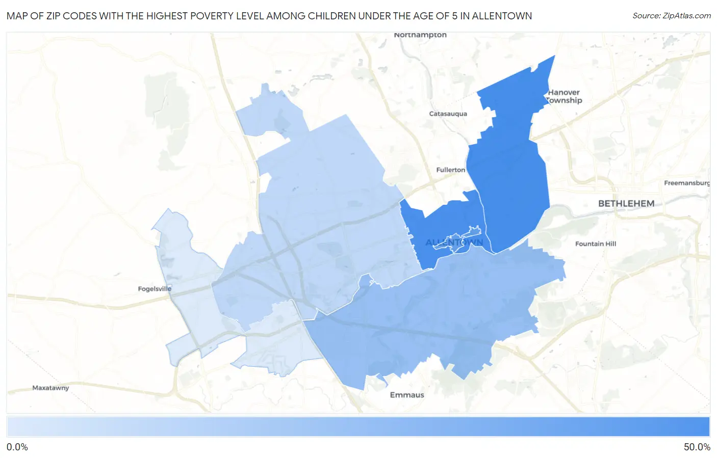 Zip Codes with the Highest Poverty Level Among Children Under the Age of 5 in Allentown Map