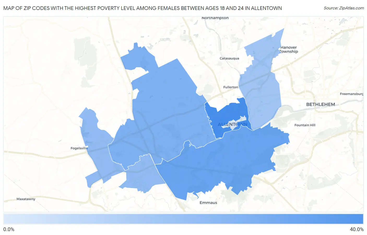 Zip Codes with the Highest Poverty Level Among Females Between Ages 18 and 24 in Allentown Map