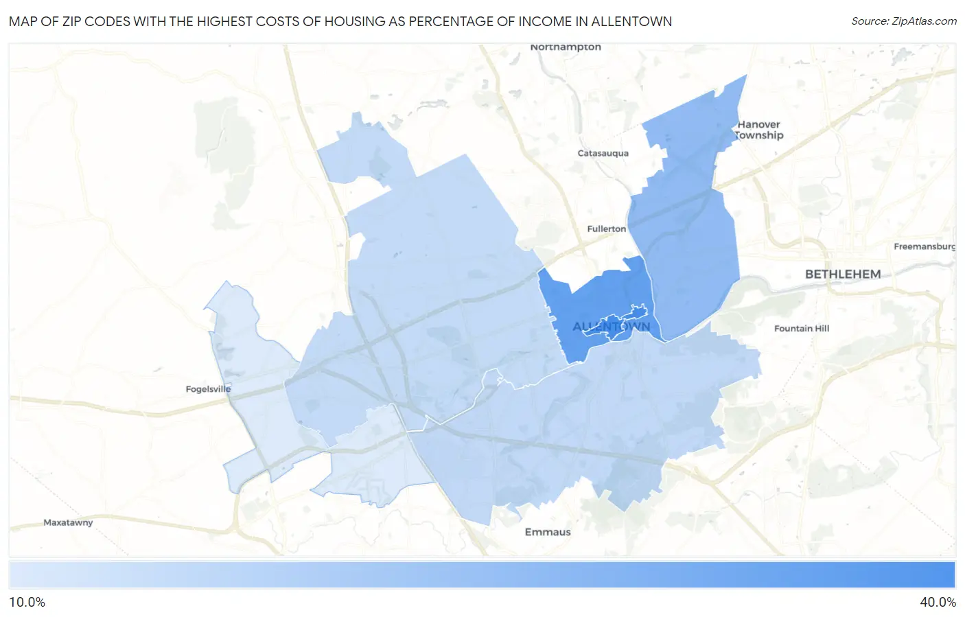 Zip Codes with the Highest Costs of Housing as Percentage of Income in Allentown Map