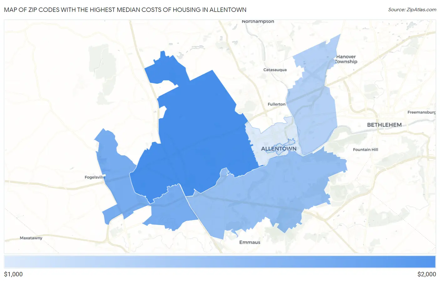 Zip Codes with the Highest Median Costs of Housing in Allentown Map