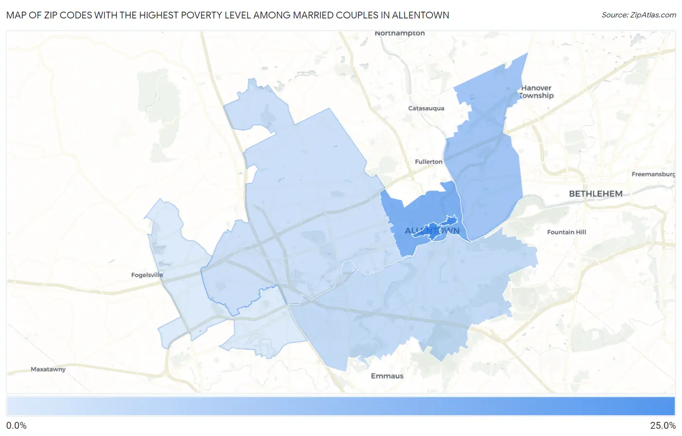 Zip Codes with the Highest Poverty Level Among Married Couples in Allentown Map