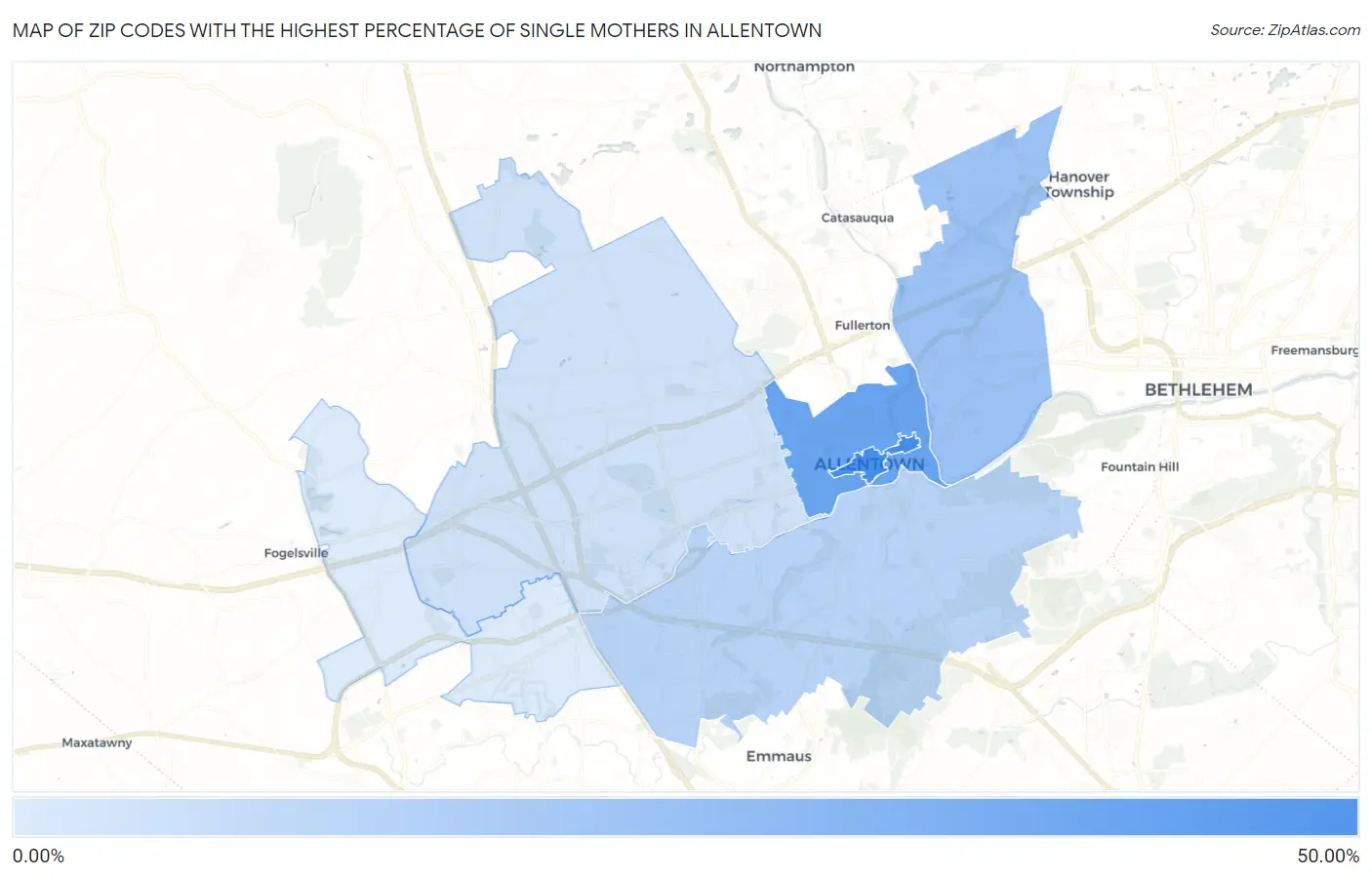 Zip Codes with the Highest Percentage of Single Mothers in Allentown Map