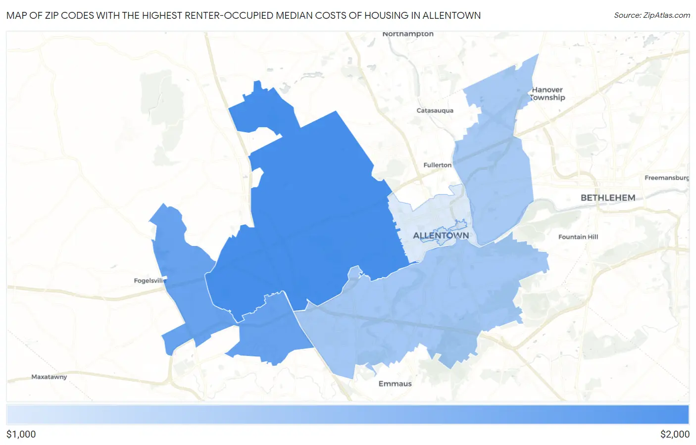 Zip Codes with the Highest Renter-Occupied Median Costs of Housing in Allentown Map
