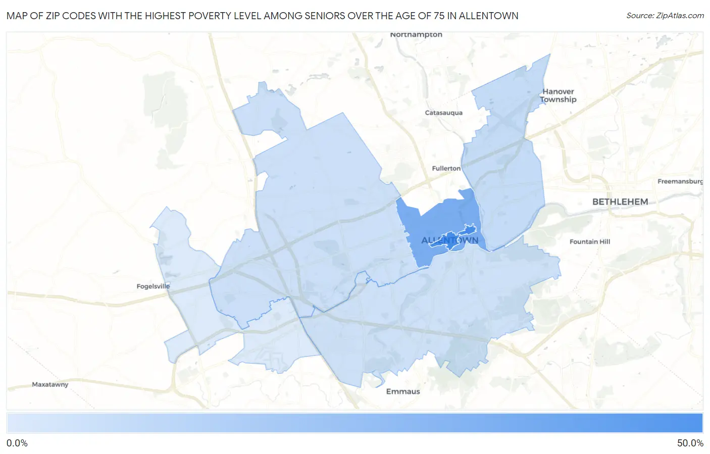 Zip Codes with the Highest Poverty Level Among Seniors Over the Age of 75 in Allentown Map