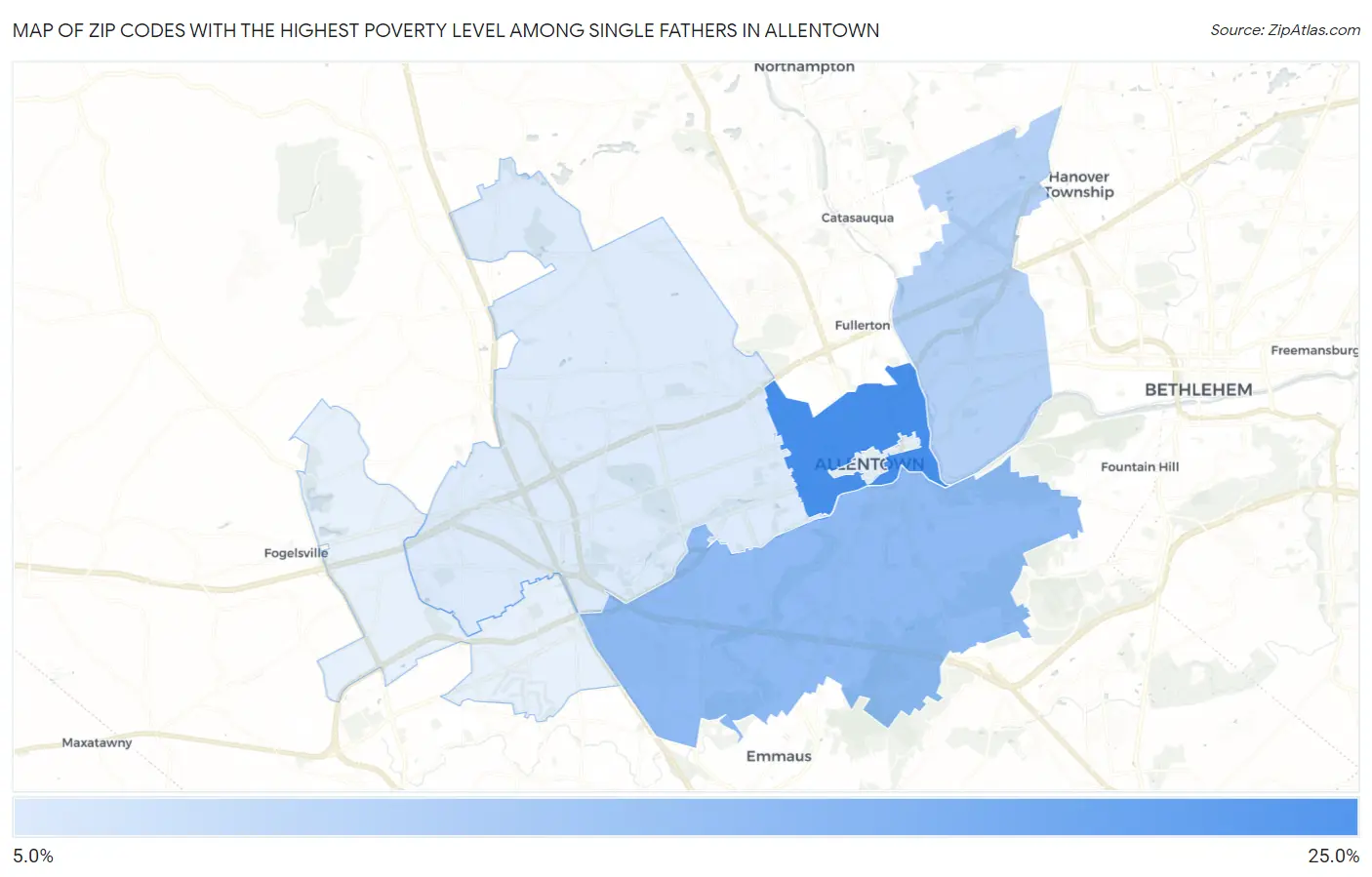 Zip Codes with the Highest Poverty Level Among Single Fathers in Allentown Map