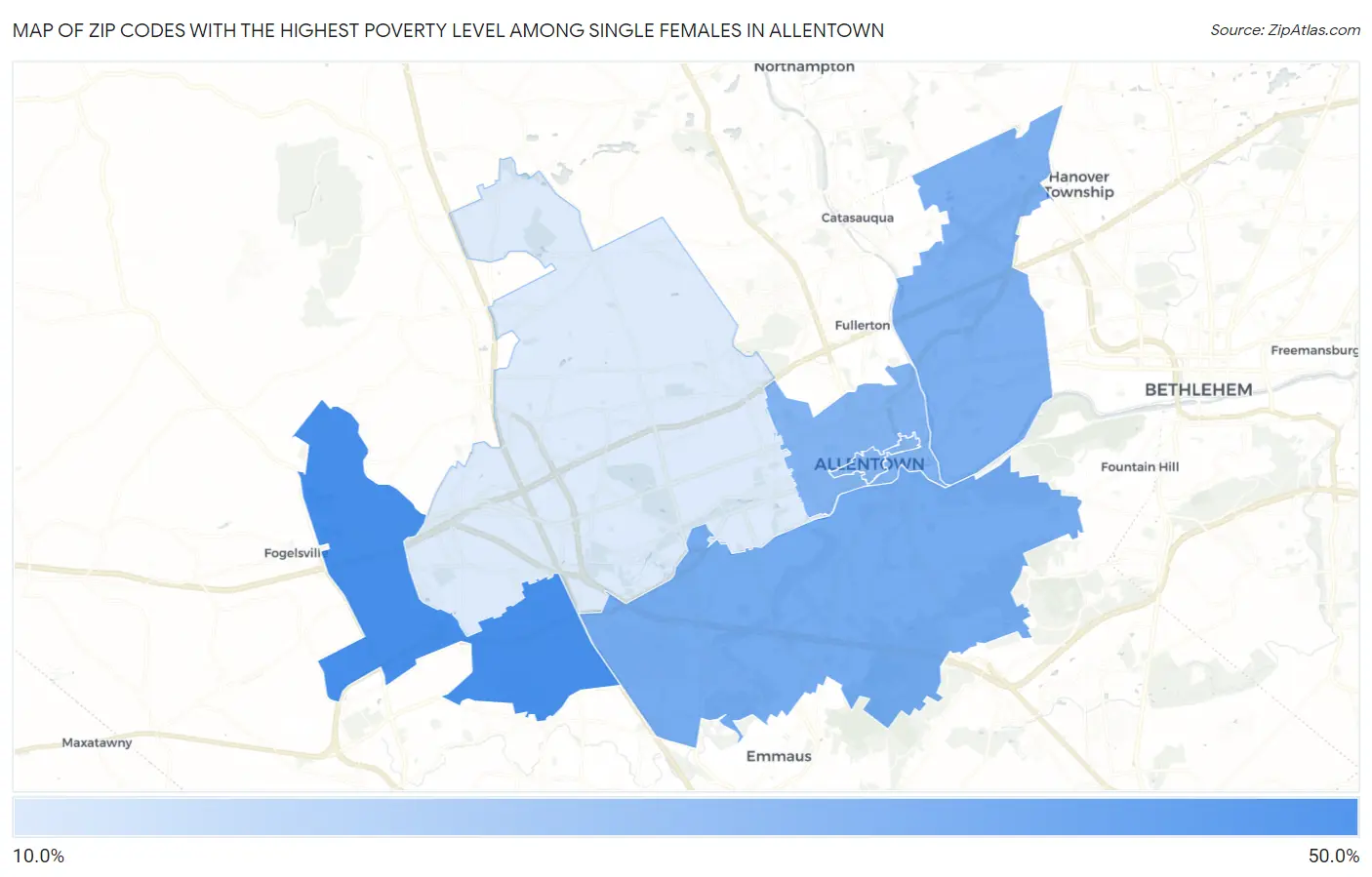 Zip Codes with the Highest Poverty Level Among Single Females in Allentown Map