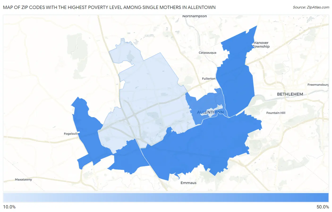 Zip Codes with the Highest Poverty Level Among Single Mothers in Allentown Map
