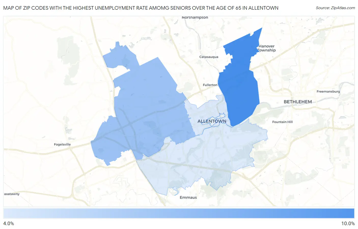 Zip Codes with the Highest Unemployment Rate Amomg Seniors Over the Age of 65 in Allentown Map