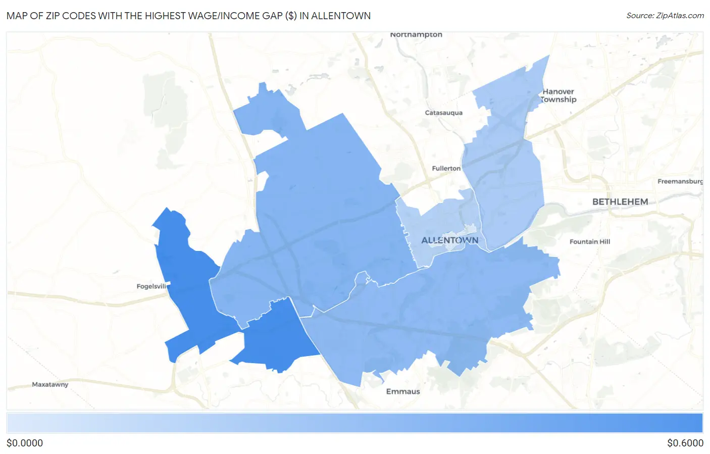 Zip Codes with the Highest Wage/Income Gap ($) in Allentown Map