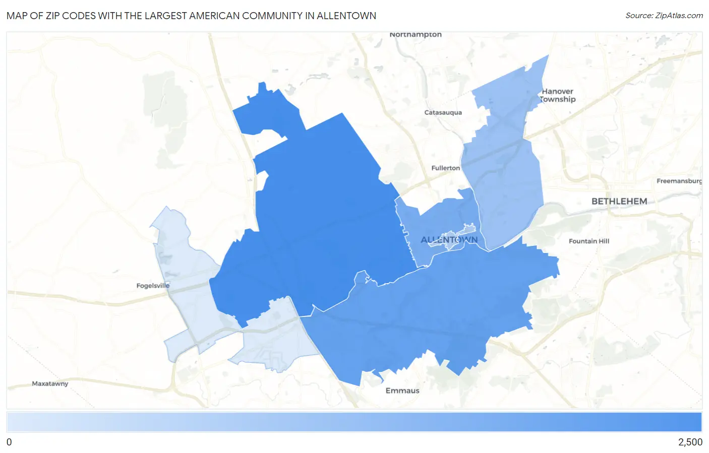 Zip Codes with the Largest American Community in Allentown Map