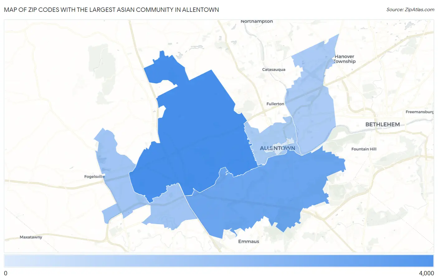 Zip Codes with the Largest Asian Community in Allentown Map