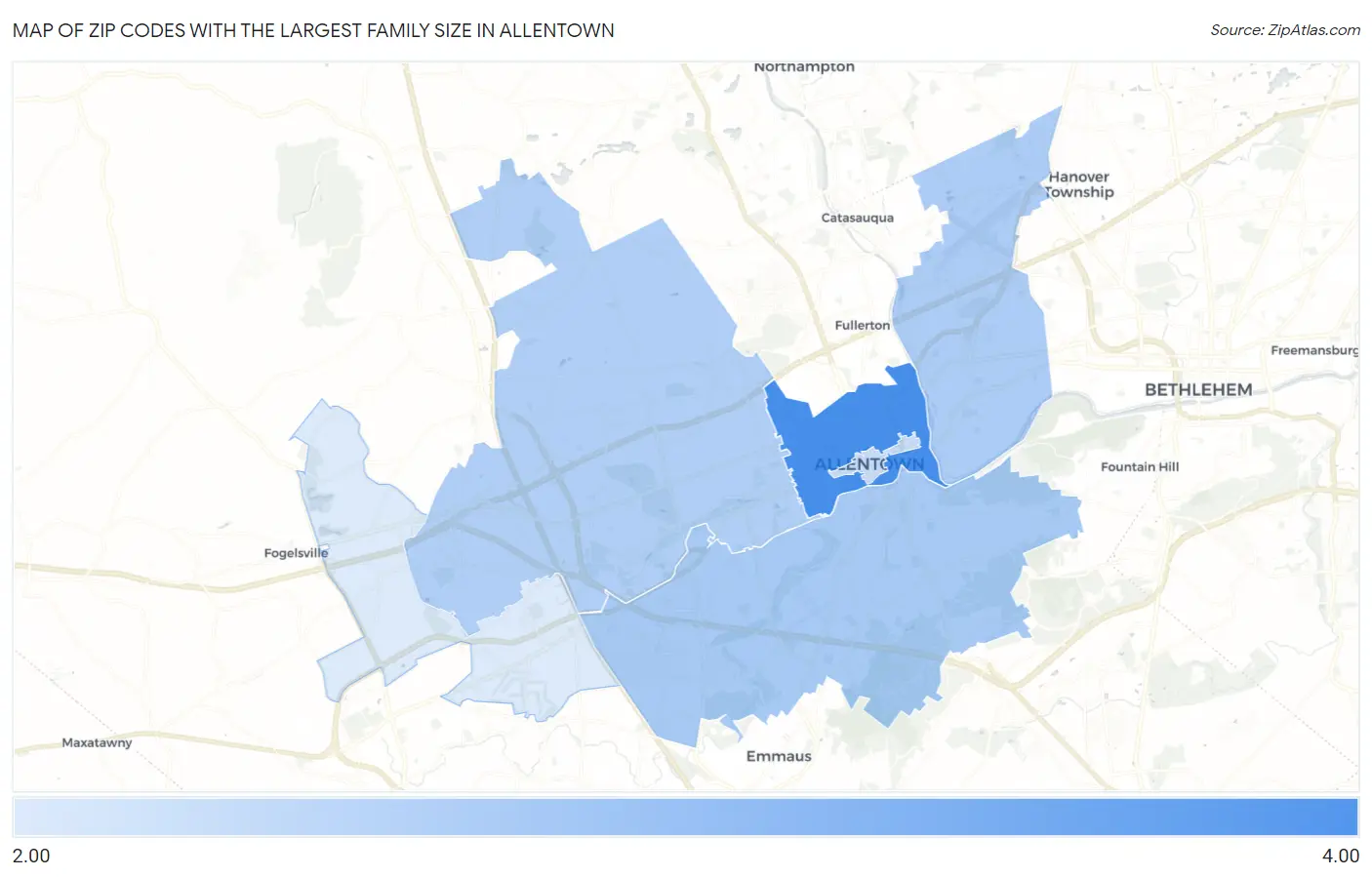 Zip Codes with the Largest Family Size in Allentown Map