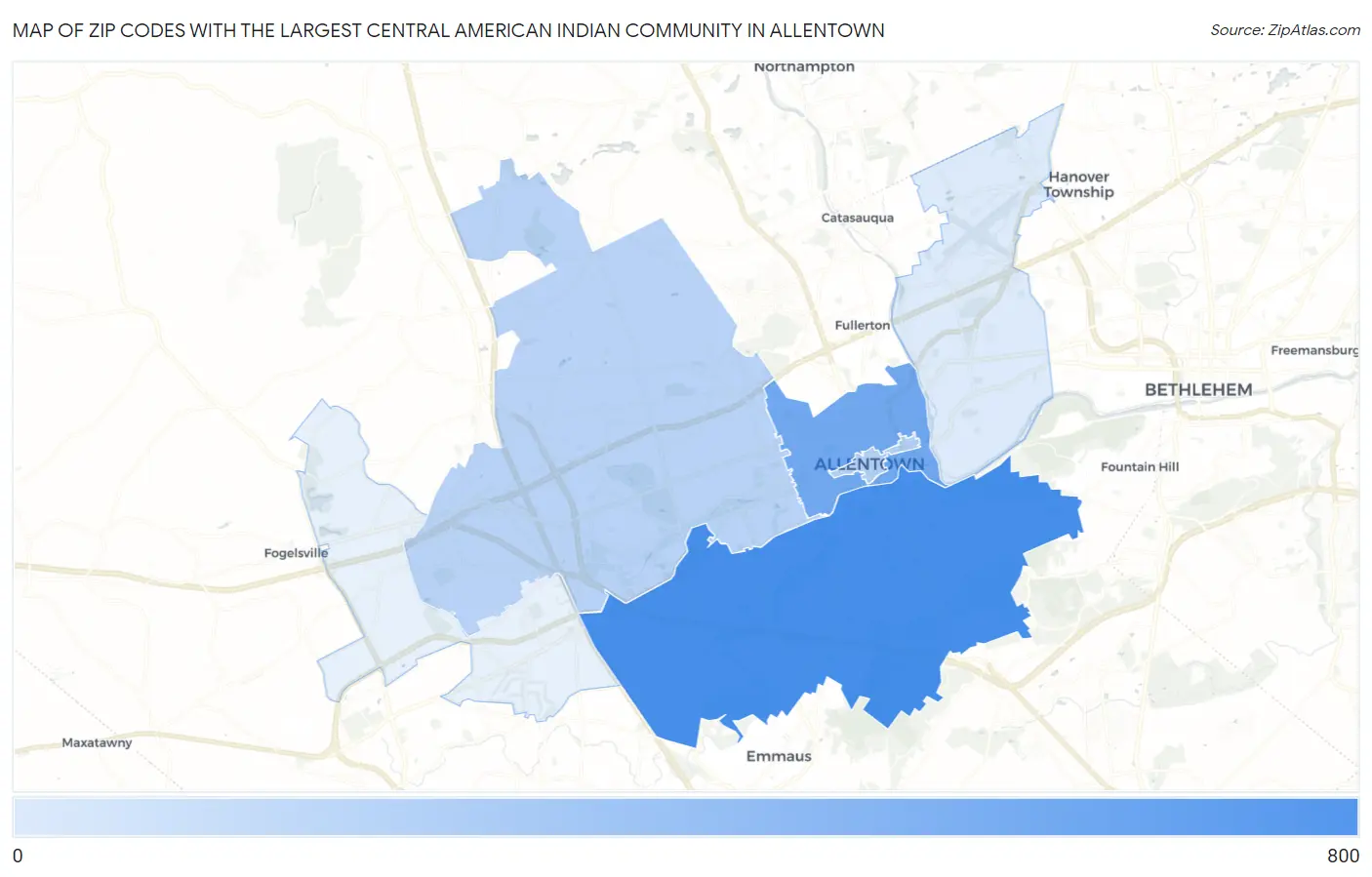 Zip Codes with the Largest Central American Indian Community in Allentown Map