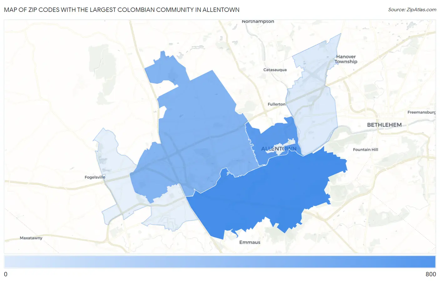 Zip Codes with the Largest Colombian Community in Allentown Map