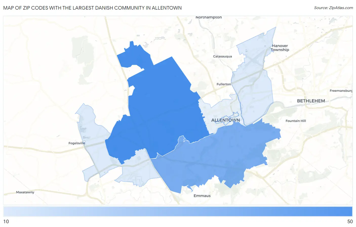 Zip Codes with the Largest Danish Community in Allentown Map