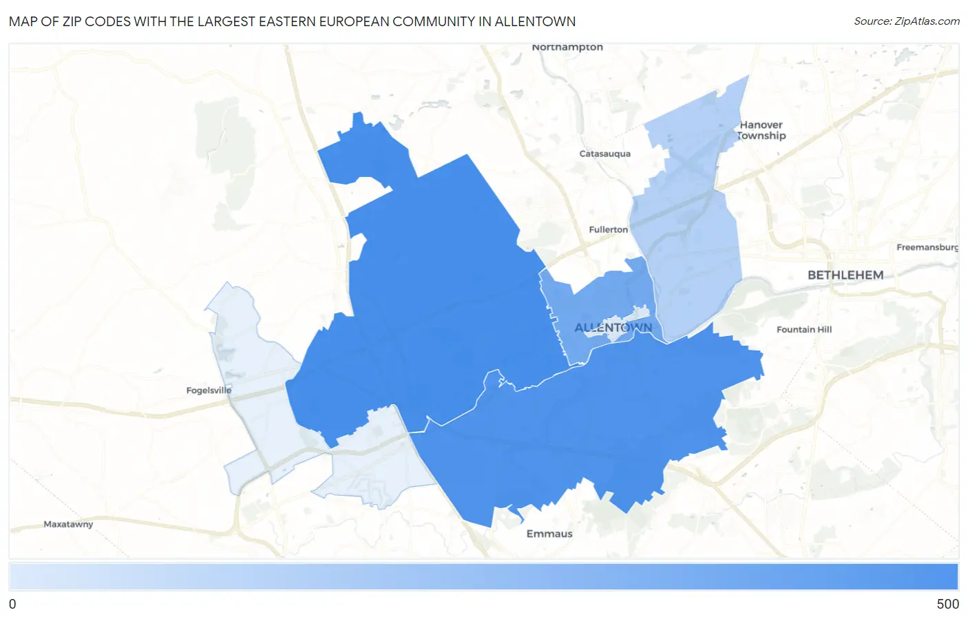Zip Codes with the Largest Eastern European Community in Allentown Map