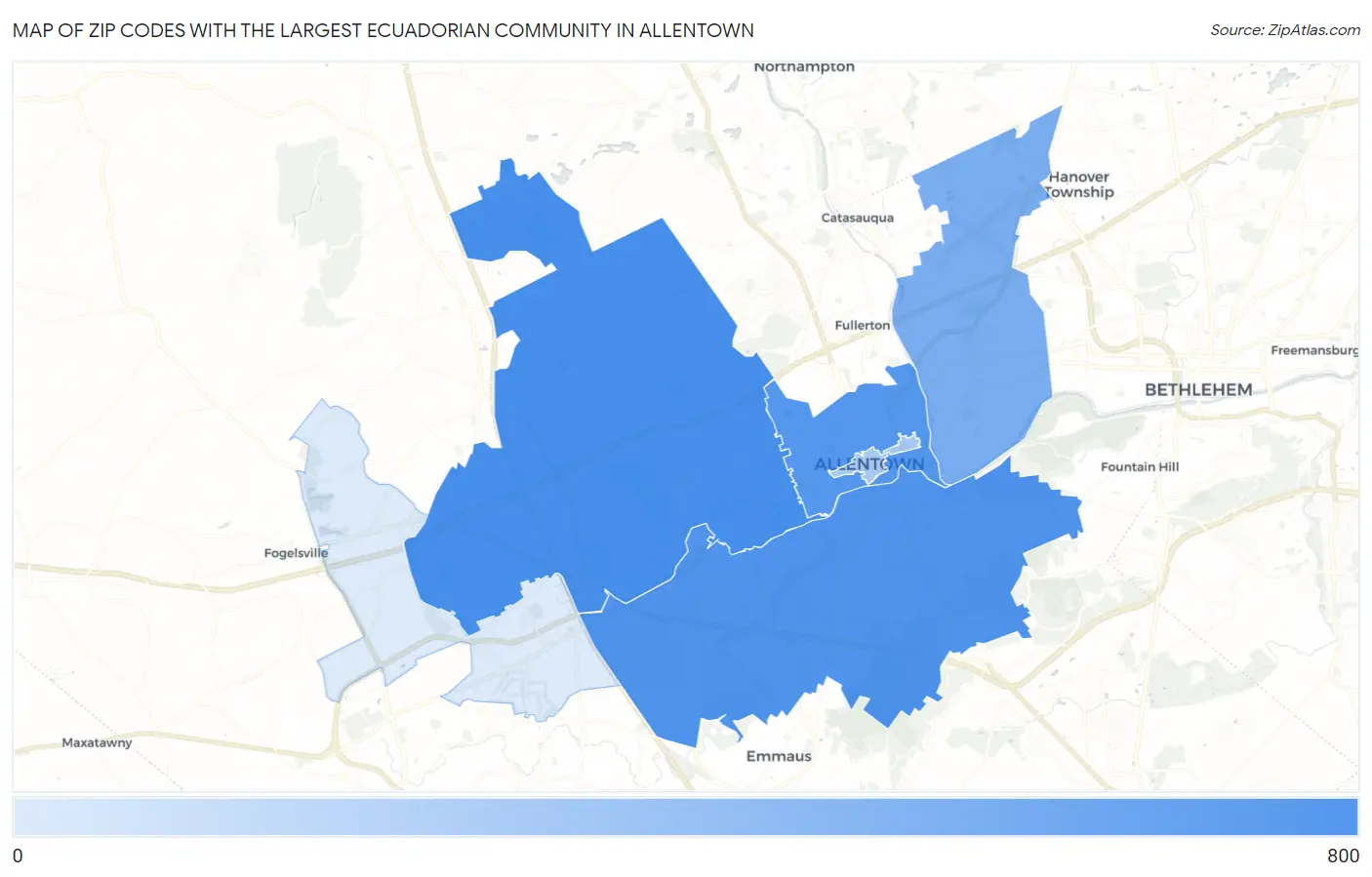 Zip Codes with the Largest Ecuadorian Community in Allentown Map