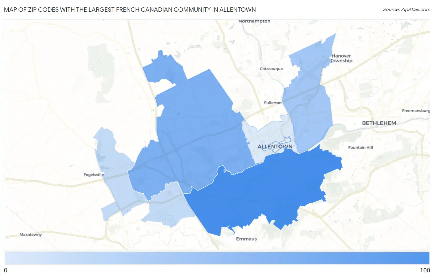 Zip Codes with the Largest French Canadian Community in Allentown Map
