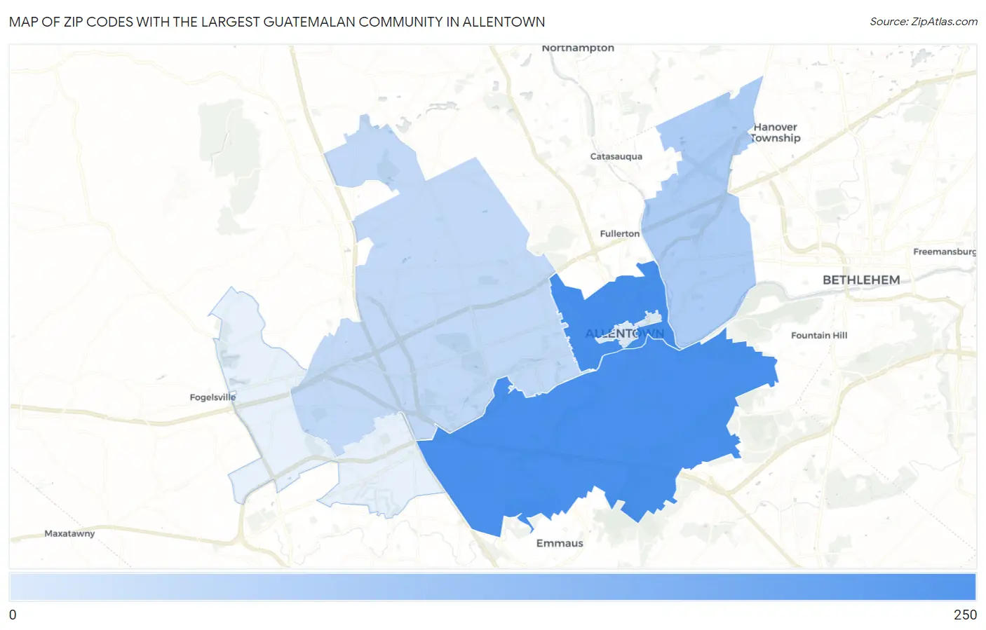 Zip Codes with the Largest Guatemalan Community in Allentown Map