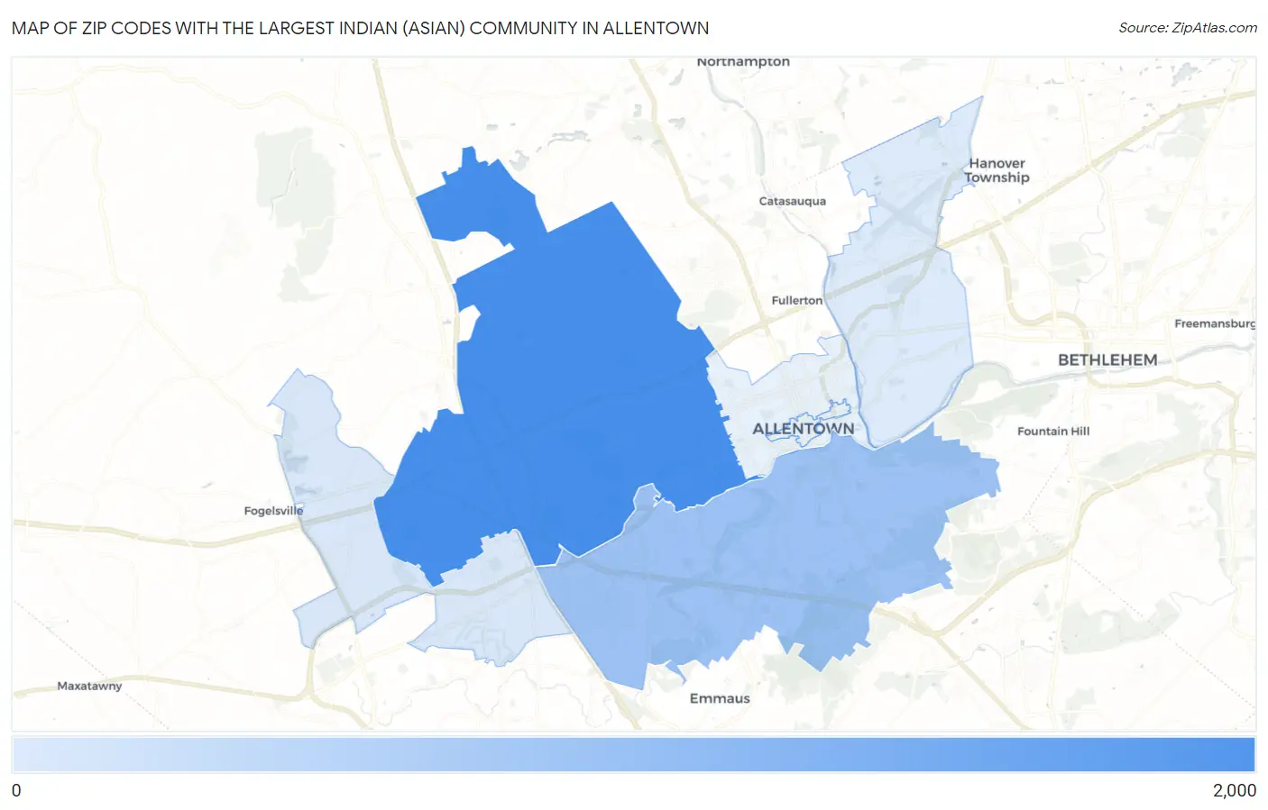 Zip Codes with the Largest Indian (Asian) Community in Allentown Map