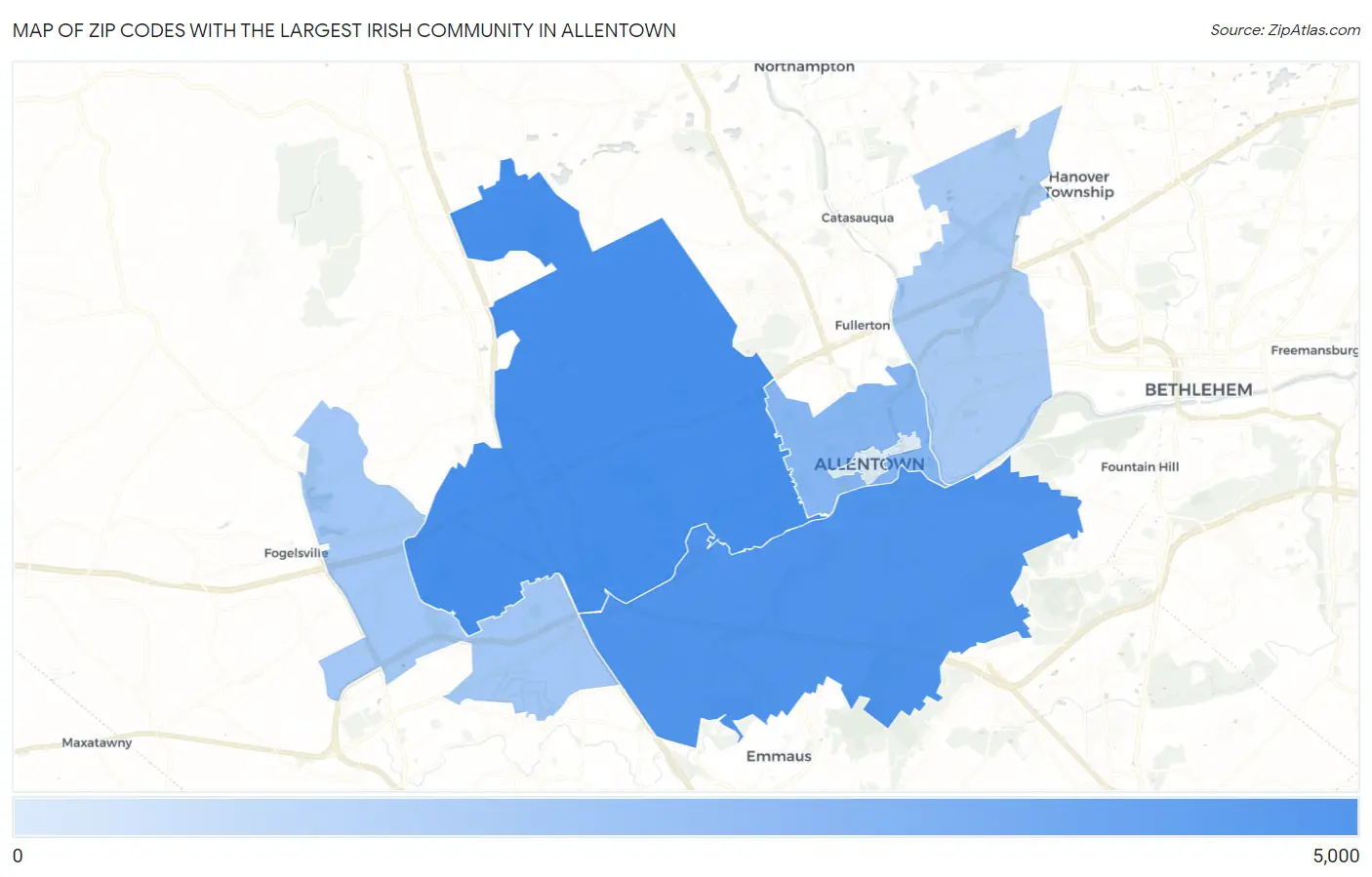 Zip Codes with the Largest Irish Community in Allentown Map
