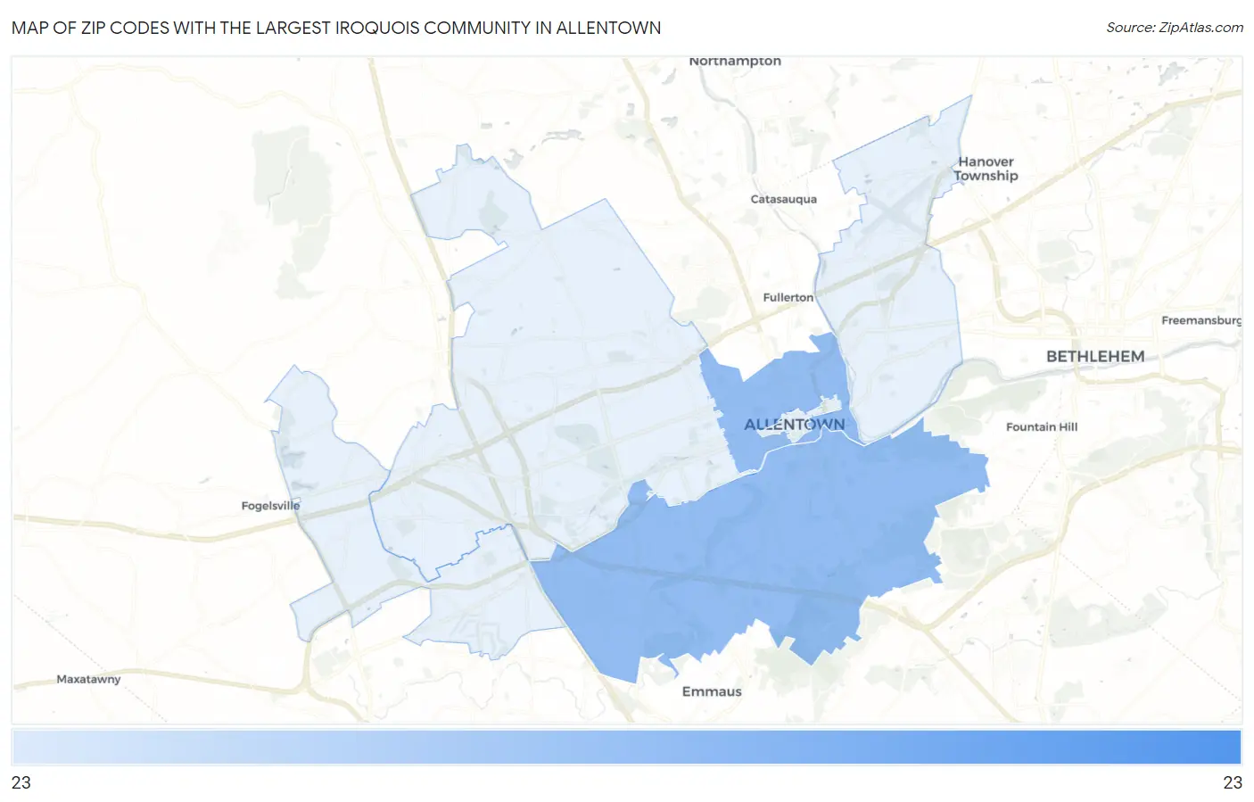 Zip Codes with the Largest Iroquois Community in Allentown Map
