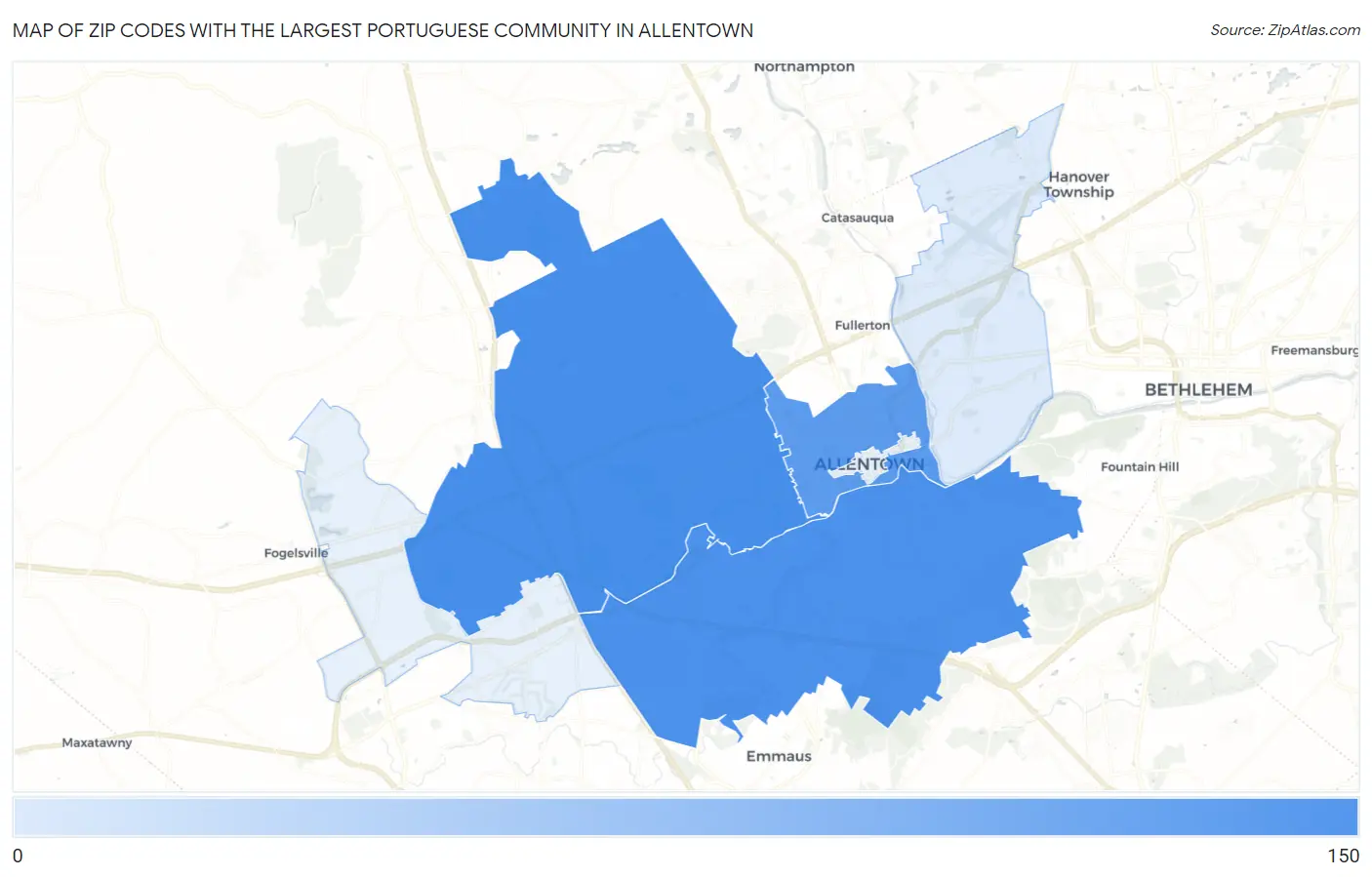 Zip Codes with the Largest Portuguese Community in Allentown Map