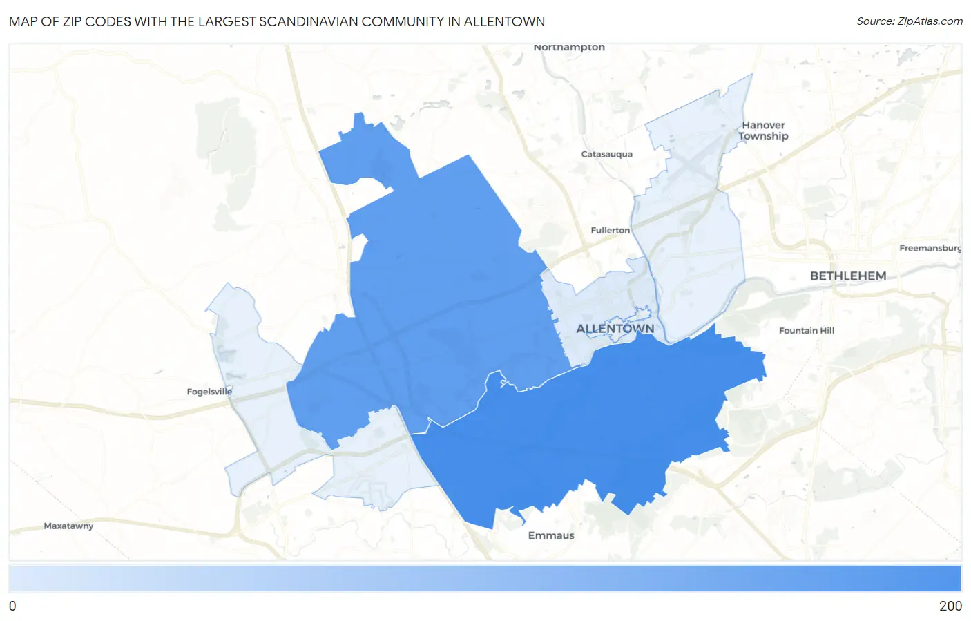 Zip Codes with the Largest Scandinavian Community in Allentown Map