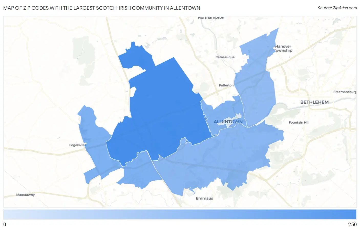 Zip Codes with the Largest Scotch-Irish Community in Allentown Map