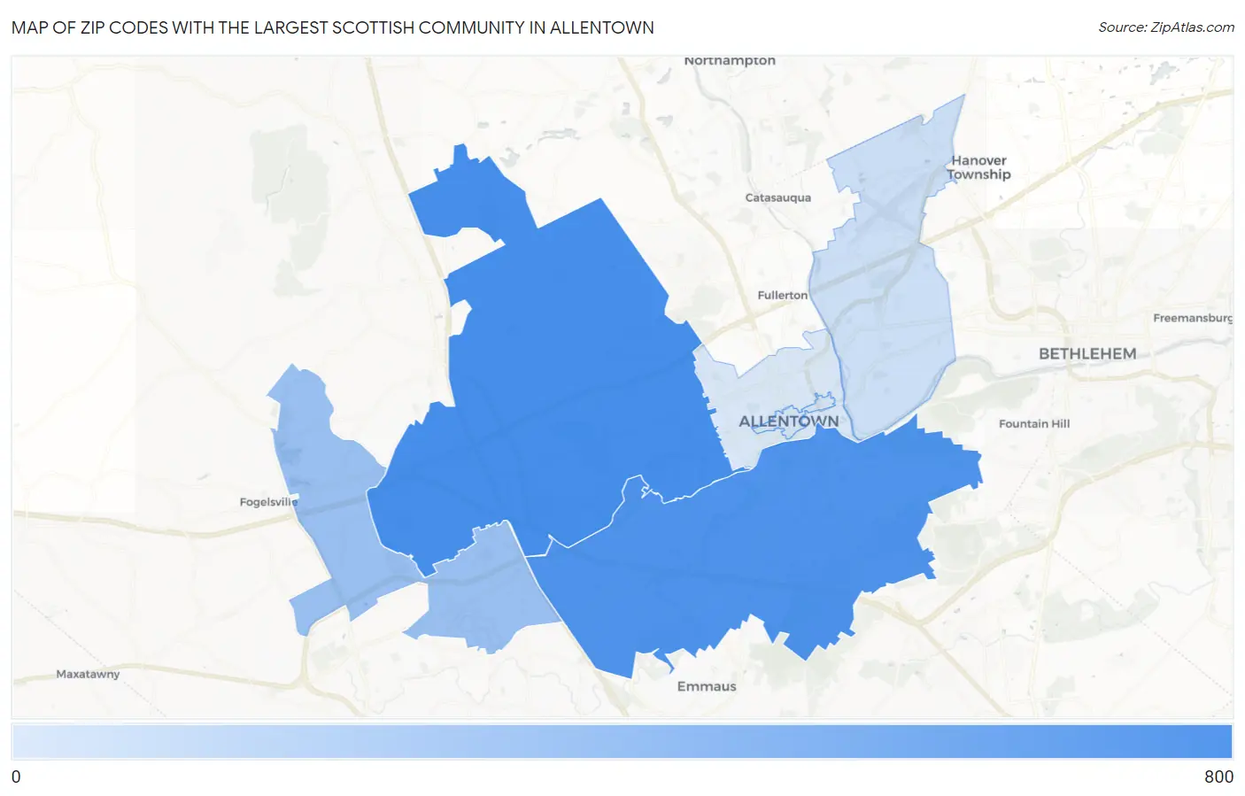 Zip Codes with the Largest Scottish Community in Allentown Map