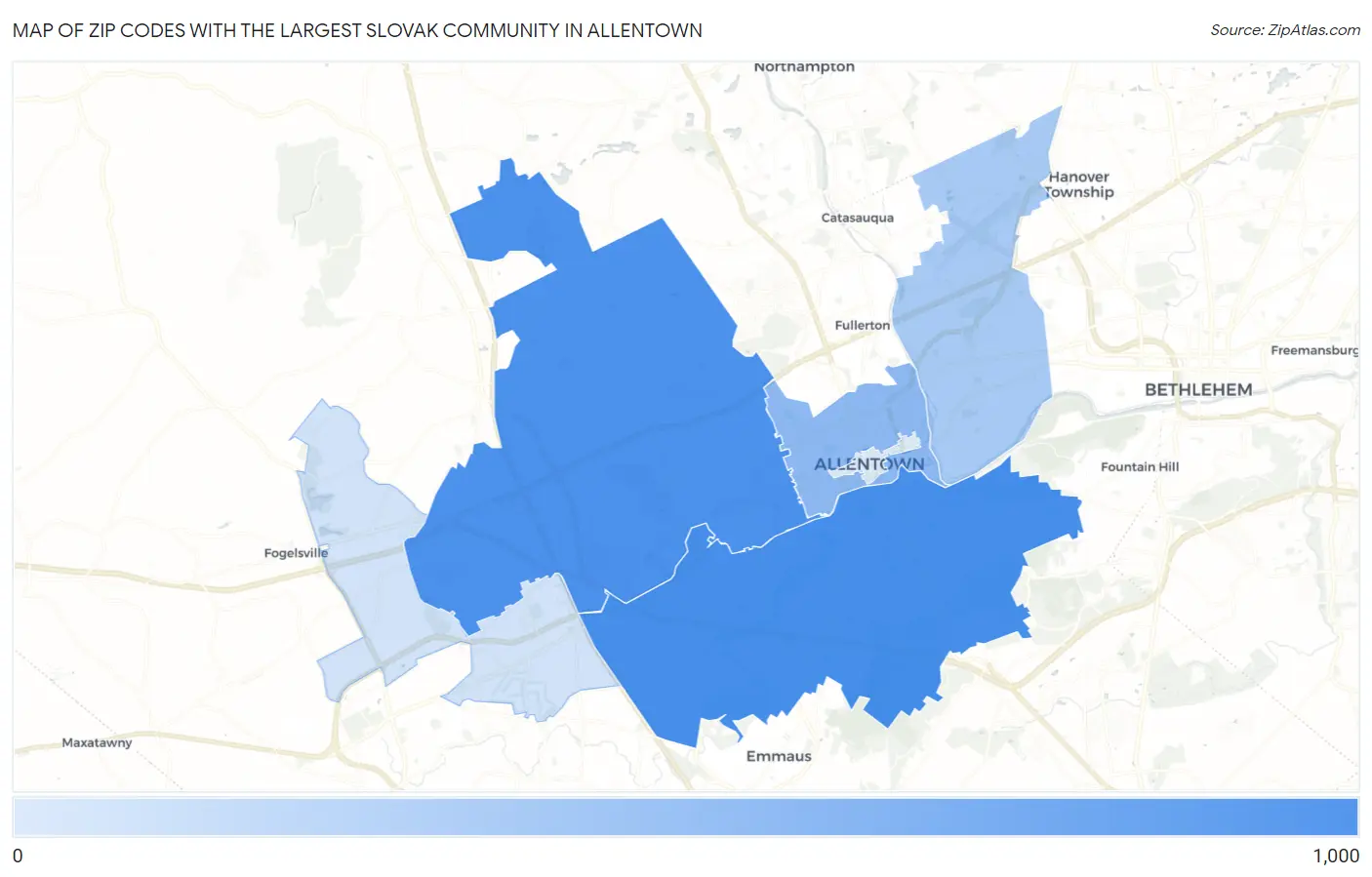 Zip Codes with the Largest Slovak Community in Allentown Map