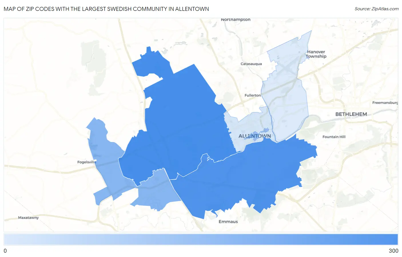 Zip Codes with the Largest Swedish Community in Allentown Map