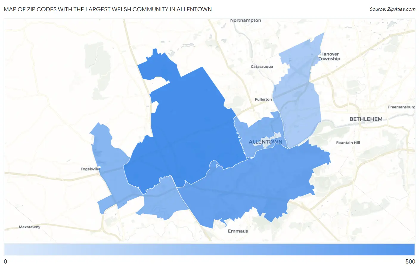 Zip Codes with the Largest Welsh Community in Allentown Map